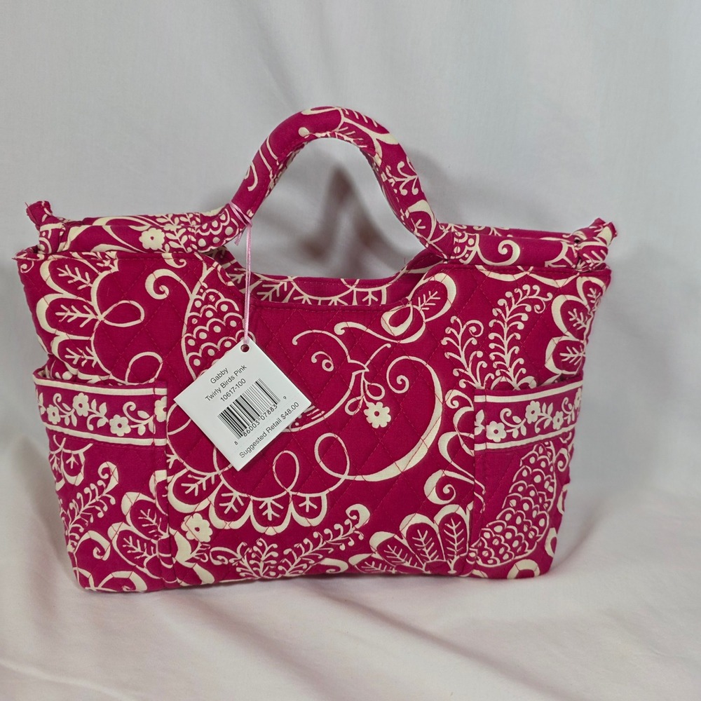 Vera Bradley Gabby Twirly Birds Pink Quilted Cotton Zip Top Handbag RETIRED Rare